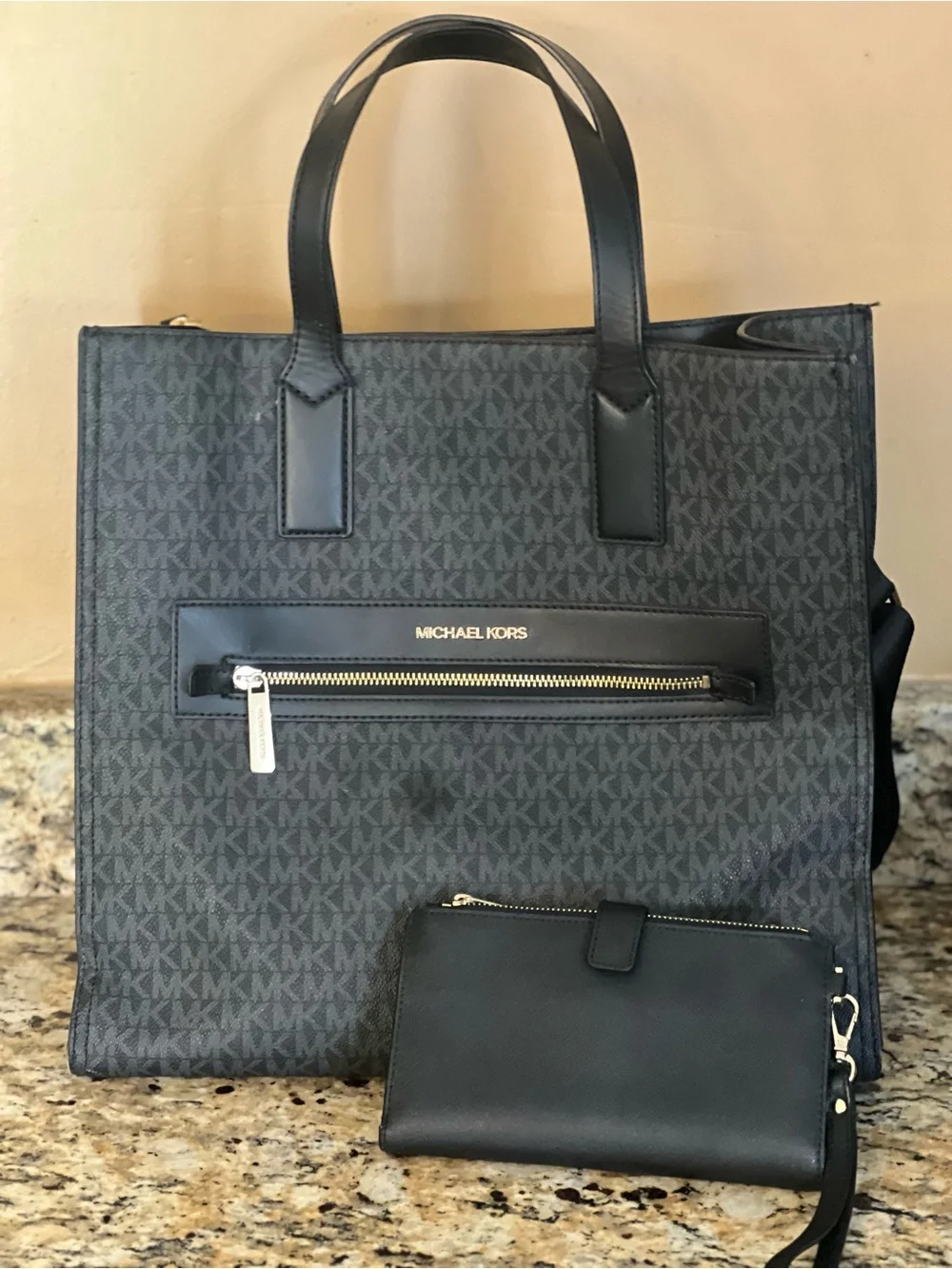 Michael Kors Black MK Monogram Tote with Matching Black Zip Wallet